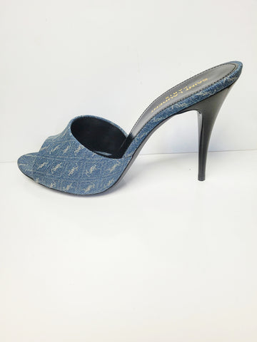 YSL Logo Denim High Heel Mules Size 40 (Fits U.S. Size 8 or 8.5)